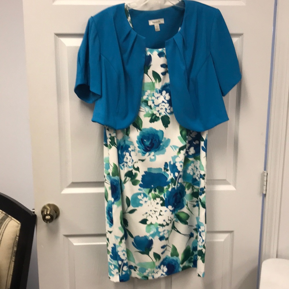 Floral dress with turquoise jacket